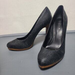 RALPH LAUREN KAILEE Heels Panama Lacquered Straw Black Denim Wood
